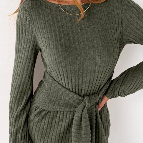 Women's Fall Dress Long Lantern Sleeves Ribbed Knit Tie Waist Mini Casual - Picture 2 of 7